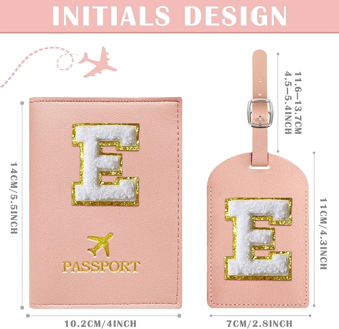 COSHAYSOO Passport Cover and Luggage Tag Set with Her Initial Chenille Letter Patch for Big Little Girls Sister Daughter, Kawaii Travel Bag Backpack Suitcase Identifier Pink E
