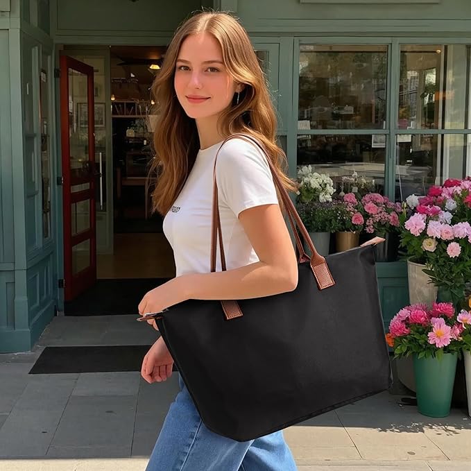 Tote Bag for Women, Nylon Top-Handle Purse with Zipper, Lightweight Foldable Shoulder Hobo Handbag