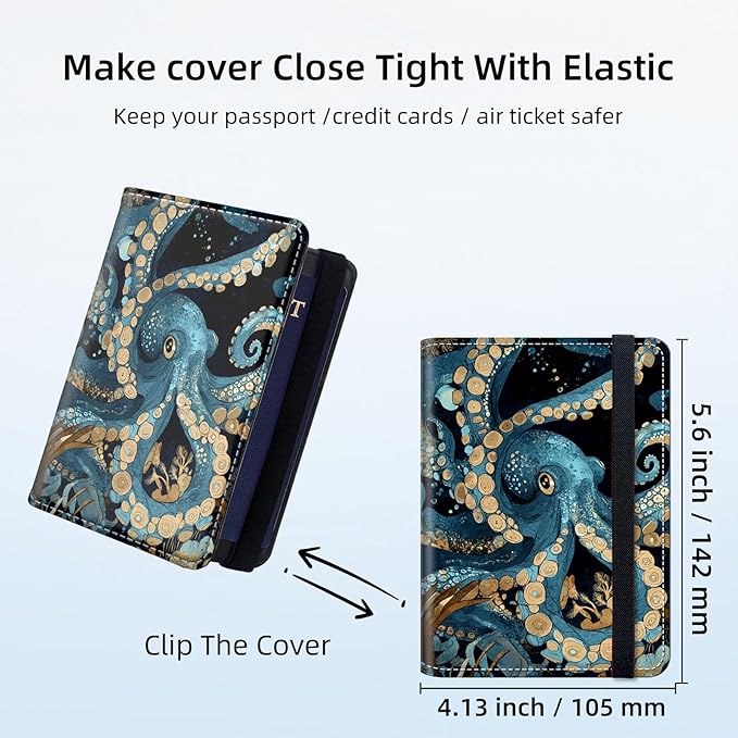 RFID Security Premium Passport and Travel Document Holder Combo, Slim PU Leather Folio Wallet with 3 Card Slots & Boarding Pass Pocket, Secure Elastic Closure Organizer, Blue Octopus