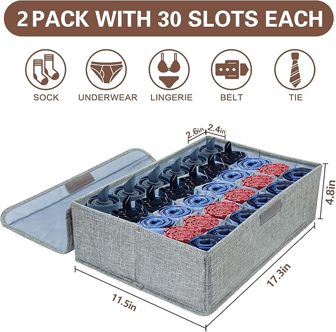 PINGMIC Gray Sock Organizer Divider 2 Pack with Lid - 30 Cell Foldable Closet Storage, Tie Organizer For Men Boxes for Socks, Ties, Belts