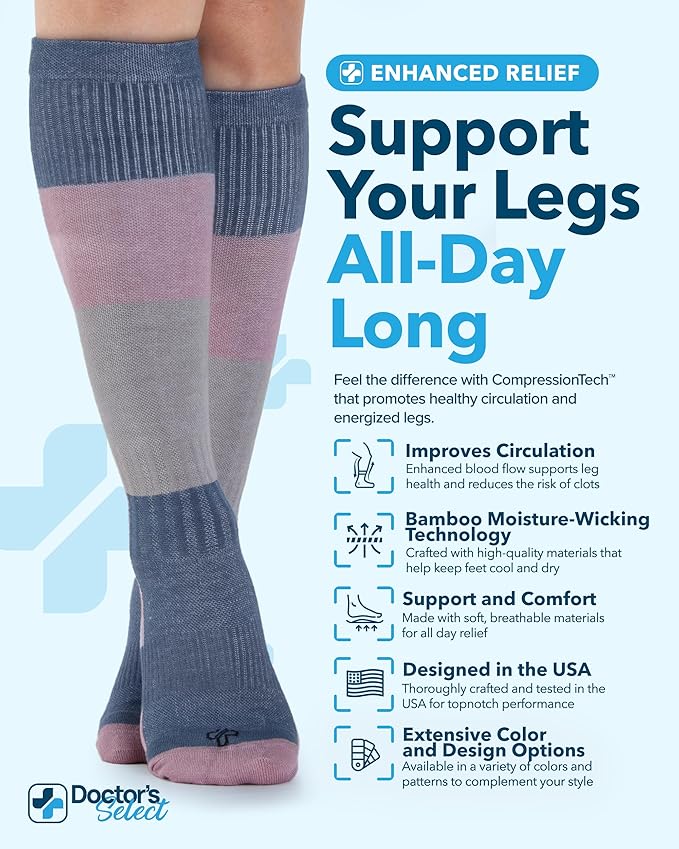 Doctor's Select Bamboo Viscose Light Compression Socks for Women & Men - 3 Pairs, 8-15 mmHg Compression Socks, Knee High