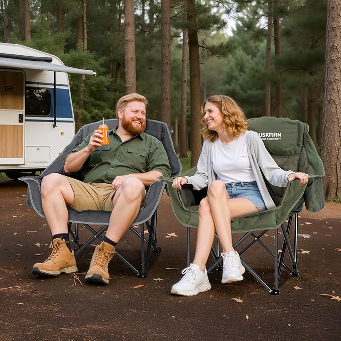 Oversized Camping Chair Padded Camping Chairs Heavy-Duty Foldable Camping Chairs with Cup Holder and Cooler Bag Portable Lawn Chair for Sports Outdoors-Support 450LBS, Green