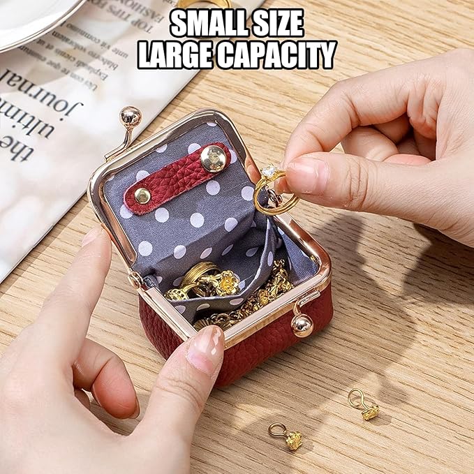 Genuine Leather Mini Jewelry Box & Coin Purse for Women, Travel Jewelry Case with Kiss Lock, Holds Earrings, Rings, Necklace, Bracelet, Coins (Caramel)