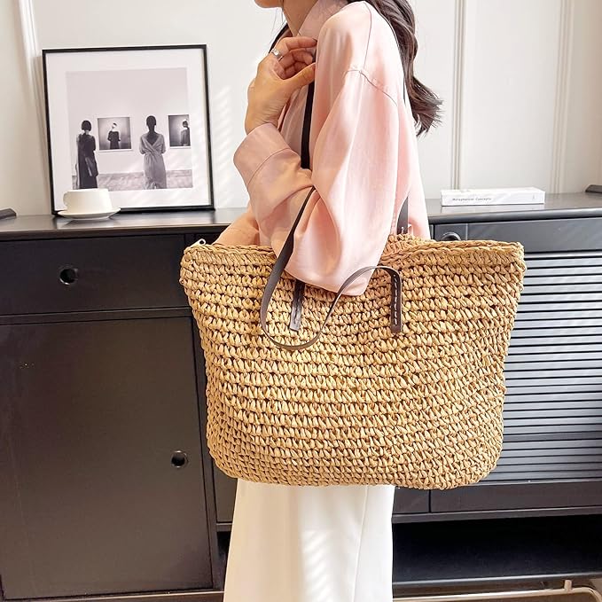 Large Straw Beach Bag for Womens, Straw Handbag Woven Tote Bag With Zipper Summer Shoulder Bag