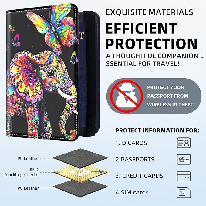 RFID Security Premium Passport and Travel Document Holder Combo, Slim PU Leather Folio Wallet with 3 Card Slots & Boarding Pass Pocket, Secure Elastic Closure Organizer, Colorful Floral Elephant