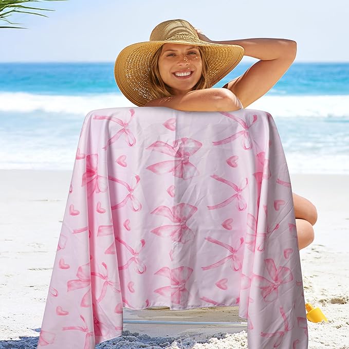Coquette Pink Bow Magnetic Beach Towel - 75"x30" Sand Free Quick Dry Microfiber Towel with Built-in Magnets Lightweight for Beach Chair Car Door Pool Travel Camping Yoga with Storage Bag