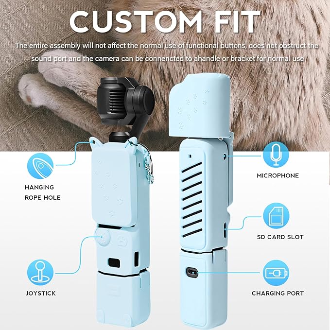 Pocket 3 Case, Cute Silicone Protective Case Compatible with DJI Osmo Pocket 3 Creator Combo, Lightweight Screen Protector Grip Cover Accessories for Xtra Muse - Cat Paw Blue
