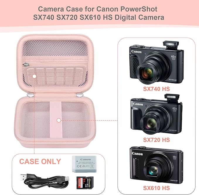 RAIALL Carrying Case for Canon PowerShot SX740/ SX730/ SX720/ SX710/ SX610/ SX260/ ELPH 360 HS Digital Camera, Vlogging Camera Travel Hard Bag, Mesh Pocket for Battery, SD Cards and USB Cable, Pink
