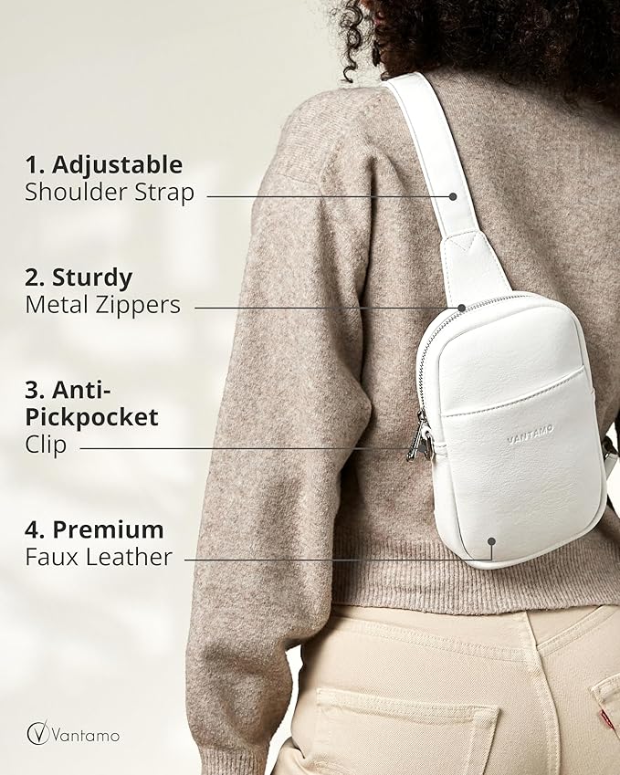 Vantamo Sling Bag for Women Adjustable Strap, RFID & Anti-Pickpocket Clip Cross Body Bags for Women, PU Leather Pack