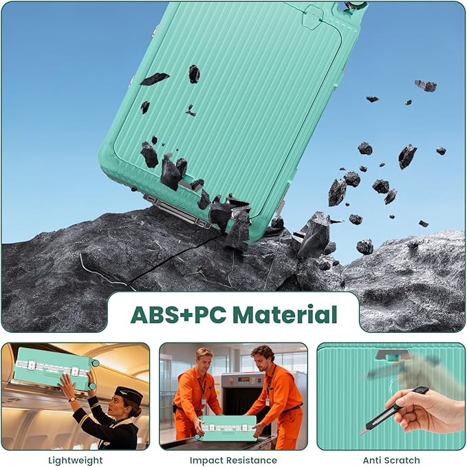 20 Inch Aluminum Frame Carry On Luggage with Front Pocket, USB Port, Phone Holder & Cup Holder, Hard Shell Spinner Suitcase for Airplane Travel, Mint Green