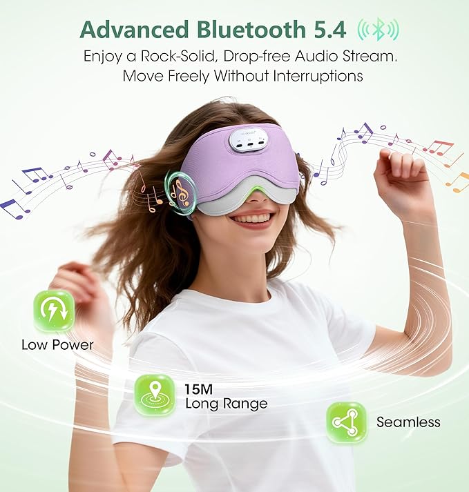 LC-dolida Voice Control Bluetooth Sleep Mask, Bamboo Cotton Bluetooth Sleep Headphones with 3D Zero-Pressure Cups and Timer Setting, Total Blackout Sleep Eye Mask for Side Sleepers, Purple