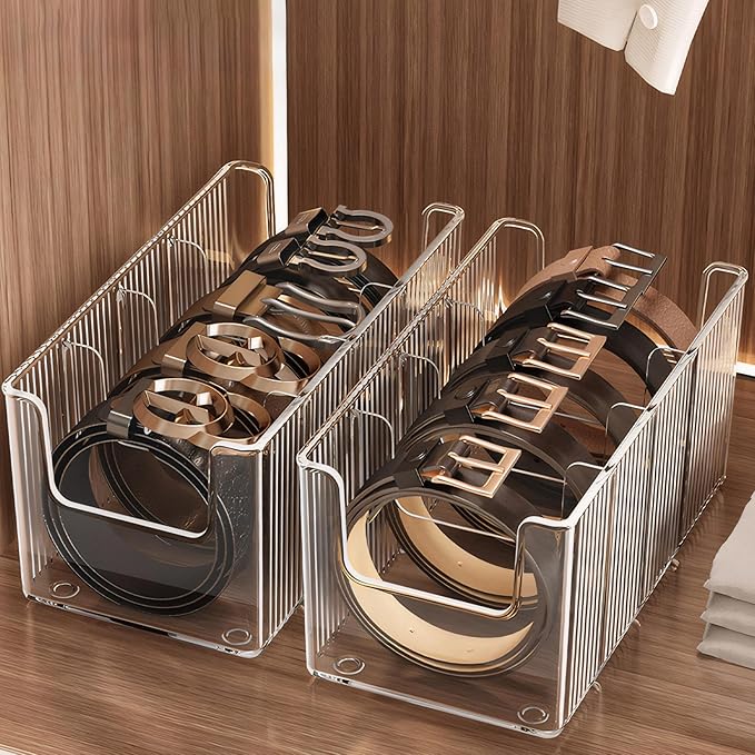 HAYVAN 2-Pack Acrylic Belt Organizer for Closet & Drawer - 8 Detachable Compartments, Clear Belt Holder Display Fits Most Sizes, Storage for Ties, Bows, Jewelry (Space-Saving Design)