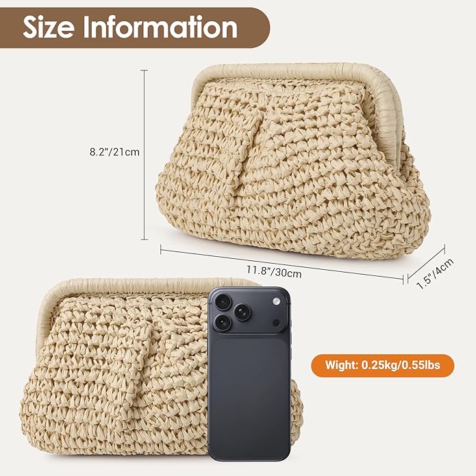 Clothirily Straw Clutch Purses for Women, Cloud Dumpling Woven Bag with Detachable Chain, Beach Crossbody Shoulder Handbag