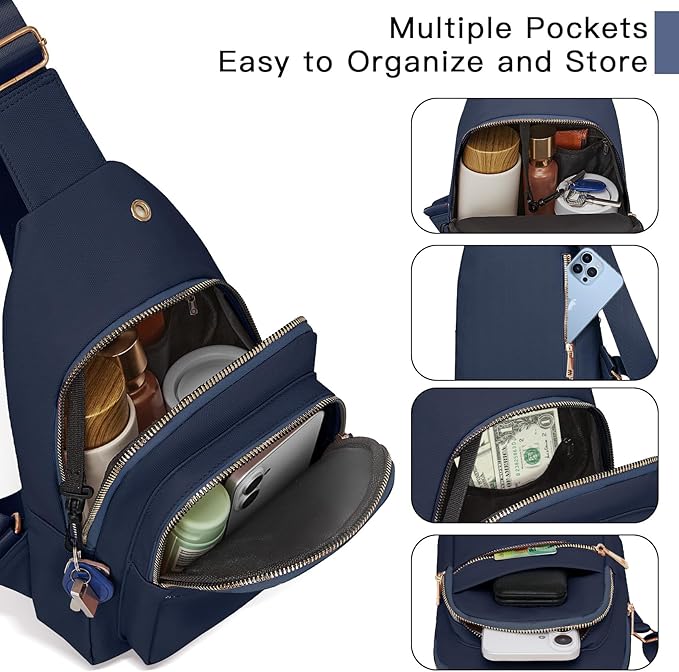 Small RFID Waterproof Travel Crossbody Sling Bags for Women Men, Hands Free Lightweight Sling Backpack Fanny Pack Cross Body Bag for Outdoors Hiking Traveling Fitness Commuting Dark Blue