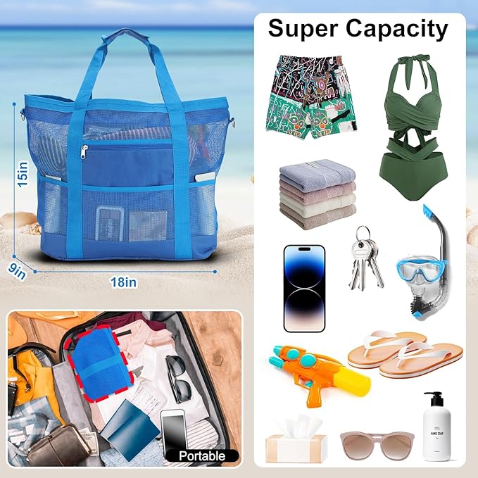 Mesh Beach Bags for Women - Family Beach Tote Bag for Toys, Towels, Travel Vacation Cruise Essentials
