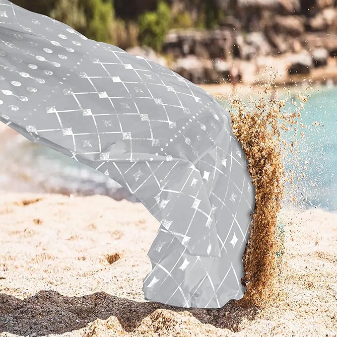 BEW 78''×86'' Large Beach Blanket for 4 Adults, Outdoor Beach Mat Sand Proof Waterproof with 4 Stakes & 4 Corner Pockets, Polyester Lightweight Comapct Grey Picnic Blanket for Travel, Camping, Hiking