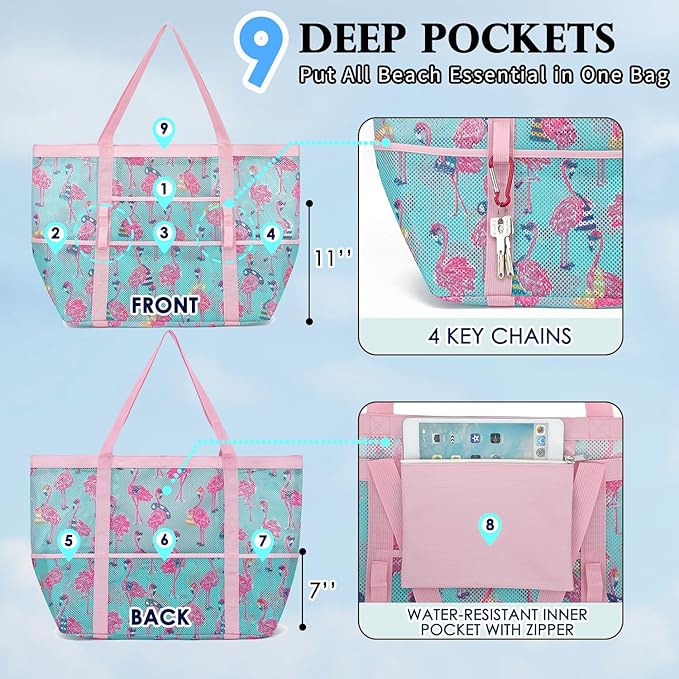 Mesh Beach Bag, Large Beach Tote with Zipper Pocket, Toys Pool Bag for Family Travel Vacation Cruise Essentials