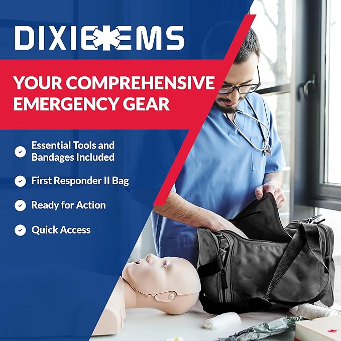 Fully Stocked Trauma First Aid Kit – First Responder II Bag with Tools, Gauze, Bandages, Scissors & Gloves – Compact & Portable – OSHA and ANSI Compliant – Black