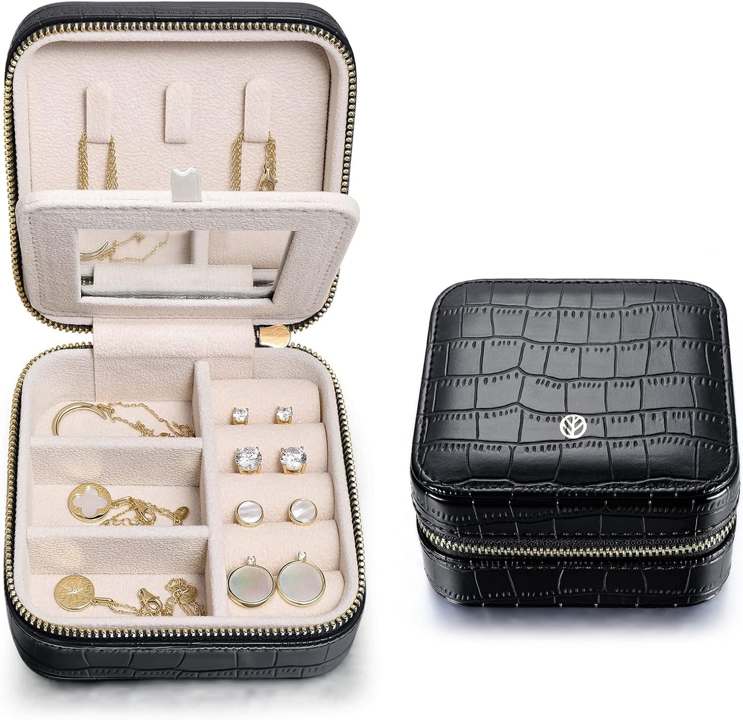 S.Leaf Travel Jewelry Organizer Travel Jewelry Boxes for Women Small Jewelry Travel Case Box Portable Travel Jewelry Case Travel Case Mini Jewelry (11_Pattern_Crocodile_Black_01)