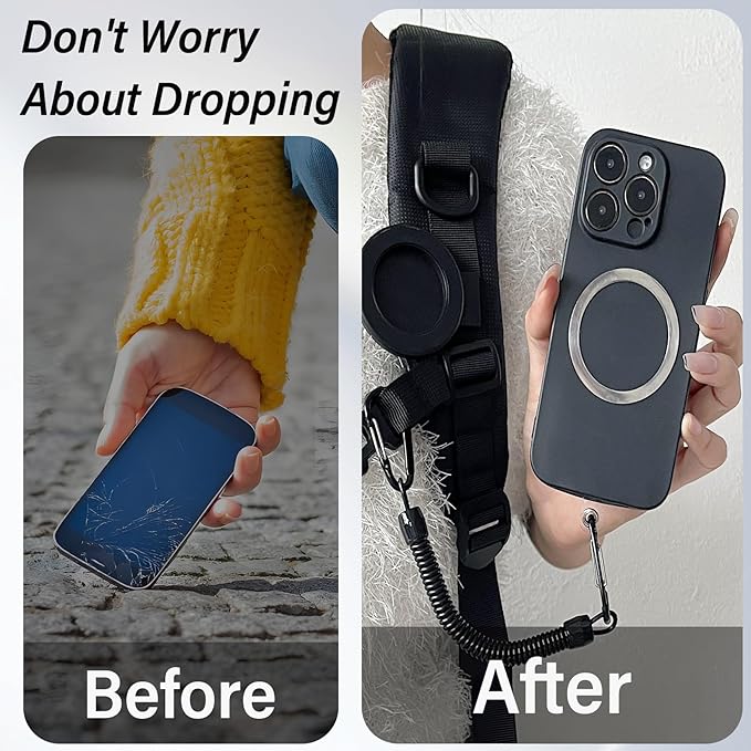 Magnetic Phone Belt Clip Holder with Anti-Theft Lanyard, Hands-Free Phone Clip for Backpack Belt Strap Hiking Outdoor, Compatible with MagSafe iPhone & Android with Metal Ring – BlackP
