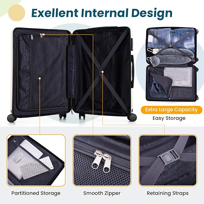 Hoteel 5 Piece Luggage Set (4-YEAR WARRANTY) ABS+PC Hardshell Carry on Suitcase with Spinner Wheels & TSA Lock for Men Women, Rolling Suit Case for Plane, Travel, Business, Off-White (20/24/28/DB/TB)