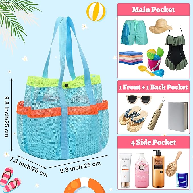 Mesh Beach Bag, Foldable Waterproof Sandproof Beach Storage Tote with 6 Pockets, Swim Tropical Vacation Pool Essential