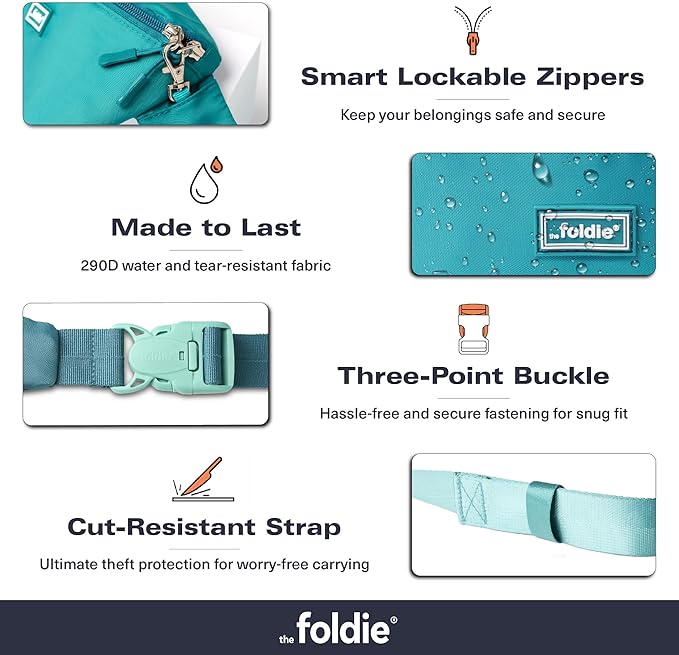 The Foldie Foldable Crossbody Bags for Women & Men - Anti-Theft RFID-Safe Fanny Pack with Smart Lockable Zippers and Cut-Resistant Strap - Lightweight Waist Pack for Travel & Everyday Use - Teal