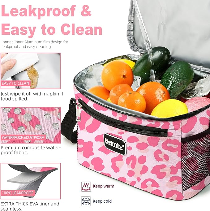 BEIMILY Lunch Box for Men/Women,Small Insulated Lunch Bag,Reusable LunchBox for work Picnic,Leakproof Soft Cooler Tote Bag Organizer with Adjustable Shoulder Strap for Adults(Pink Leopard Print)