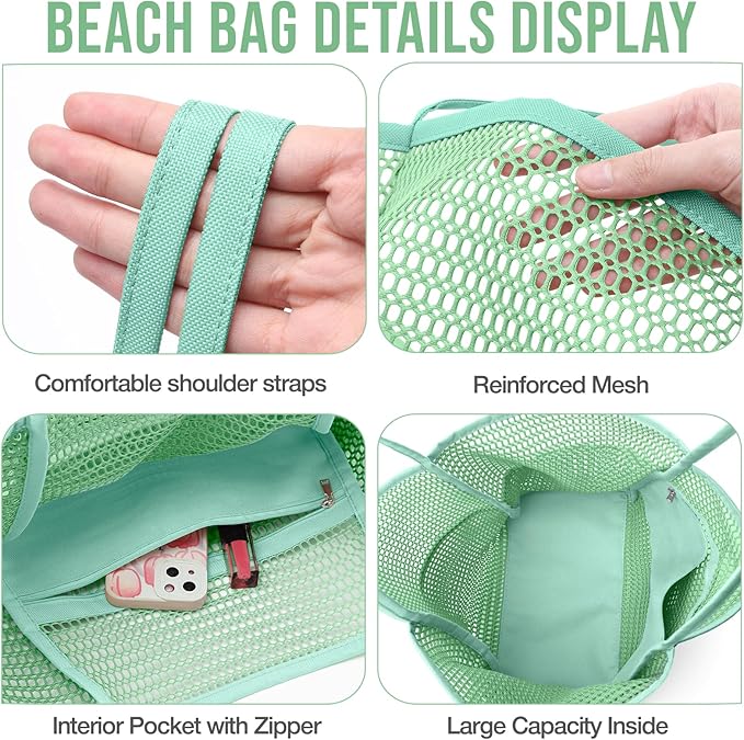 KPX Beach Bag with Mini Pocket, Beach Tote Bags for Women Large Foldable Mesh Swimming Pool Travel Bags - Sandproof