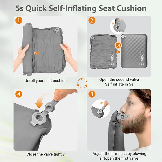 Inflatable Travel Seat Cushion – Self-Inflating Memory Foam Pad for Airplane, Stadium Bleachers, Camping, Hiking & Backpacking – Ultralight Compact & Portable Sitting Cushion (Grey)
