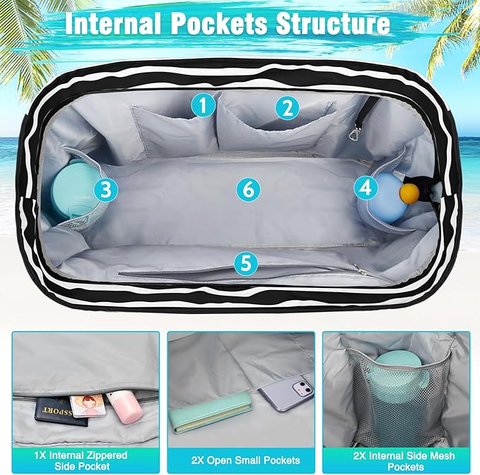 HUANLANG Extra Large Beach Bag Waterproof Beach Totes Bags for Women Men,Pool Bag with Zipper Wet Pocket