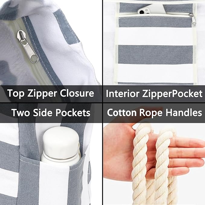 Large Canvas Beach Bag for Women, Beach Bags Waterproof Sandproof with Zipper & Wet Bag Cruise Essentials