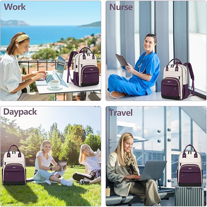 Laptop Backpack for Women Work Bag - 15.6 inch Travel Backpack Purse with USB Charger College Bookbag Waterproof Cute Casual Daypack Fashion Business Computer Backpacks for Teacher Nurse Dark Purple