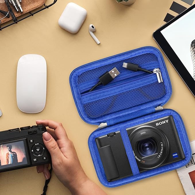 Hard Travel Case for Sony ZV-1F / ZV-1 / ZV-1 II Digital Camera, Storage Holder Travel Bag with Zipper Mesh Pocket for Battery Pack, Charging Cable, USB Card, Blue