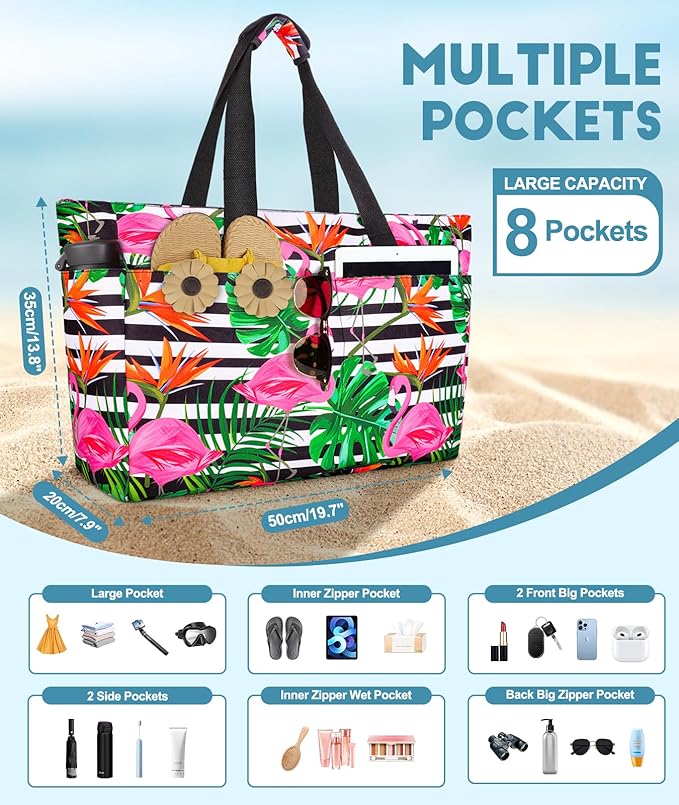 Extra Large Beach Bag Waterproof Beach Totes Bags for Women, Lightweight Foldable Pool Bag with Zipper Wet Compartment