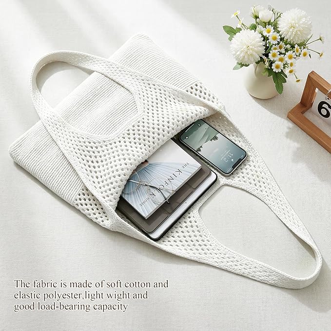 SUOSDEY Crochet Mesh Beach Tote Bag, Knit Summer Vacation Aesthetic Boho Tote Bag for Women