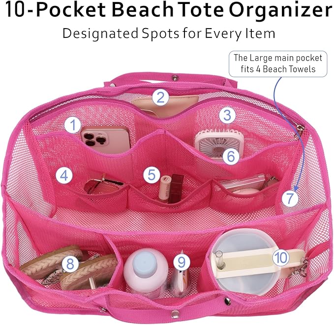 F-color Beach Bag Organizer Insert Compatible with Silicon Bag Original Large, Mesh Tote Liner with 10 Pockets & Adjustable Handle, Lightweight Divider Pouch for Beach Accessories Organizing, Pink