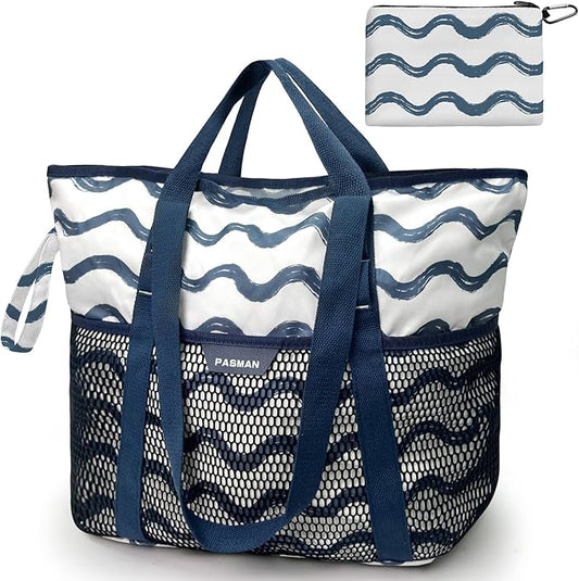 Large Beach Bag with Zipper-8 Pockets Sandproof Beach Tote Bag for Women,Foldable Lightweight Family Swim Bag Vacation