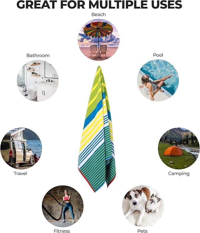 Superior Cotton Beach Towel, Absorbent Oversized Towel for Swimming Pool, Camping, Bathroom, Shower, Large, Quick Drying, Adults, Kids, Colorful, Mira Striped Collection, 68" x 34", Yellow-Green