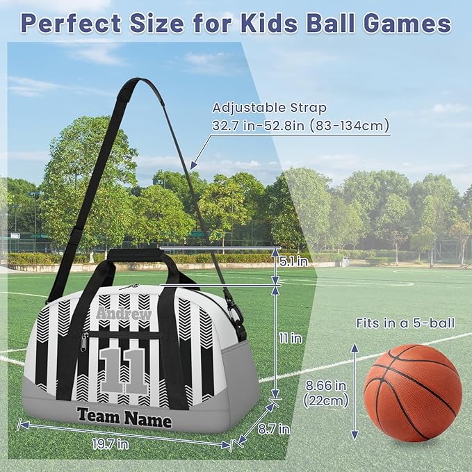 Basketball Soccer Gifts for Boys Girls - Custom Sports Duffle Bag, Personalized Name & Team Bag, Water-Resistant Gym Bag for Basketball, Soccer, Volleyball | Y-Grey Black