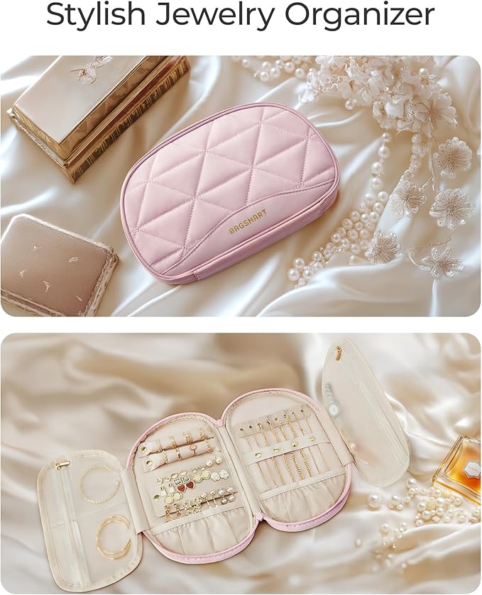 BAGSMART Travel Jewelry Case Jewelry Organizer Storage Roll Rings Necklaces Earrings Bracelets Brooches Watch Large Portable Light Pink