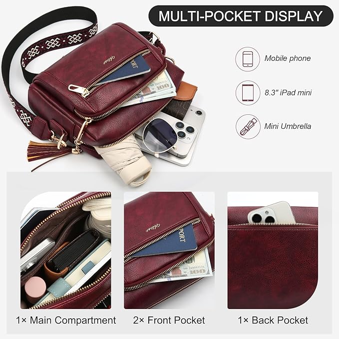 Small Leather Crossbody Bags for Women Anti theft Purses and Handbag Shoulder Hangbag with Wide Strap Tassel