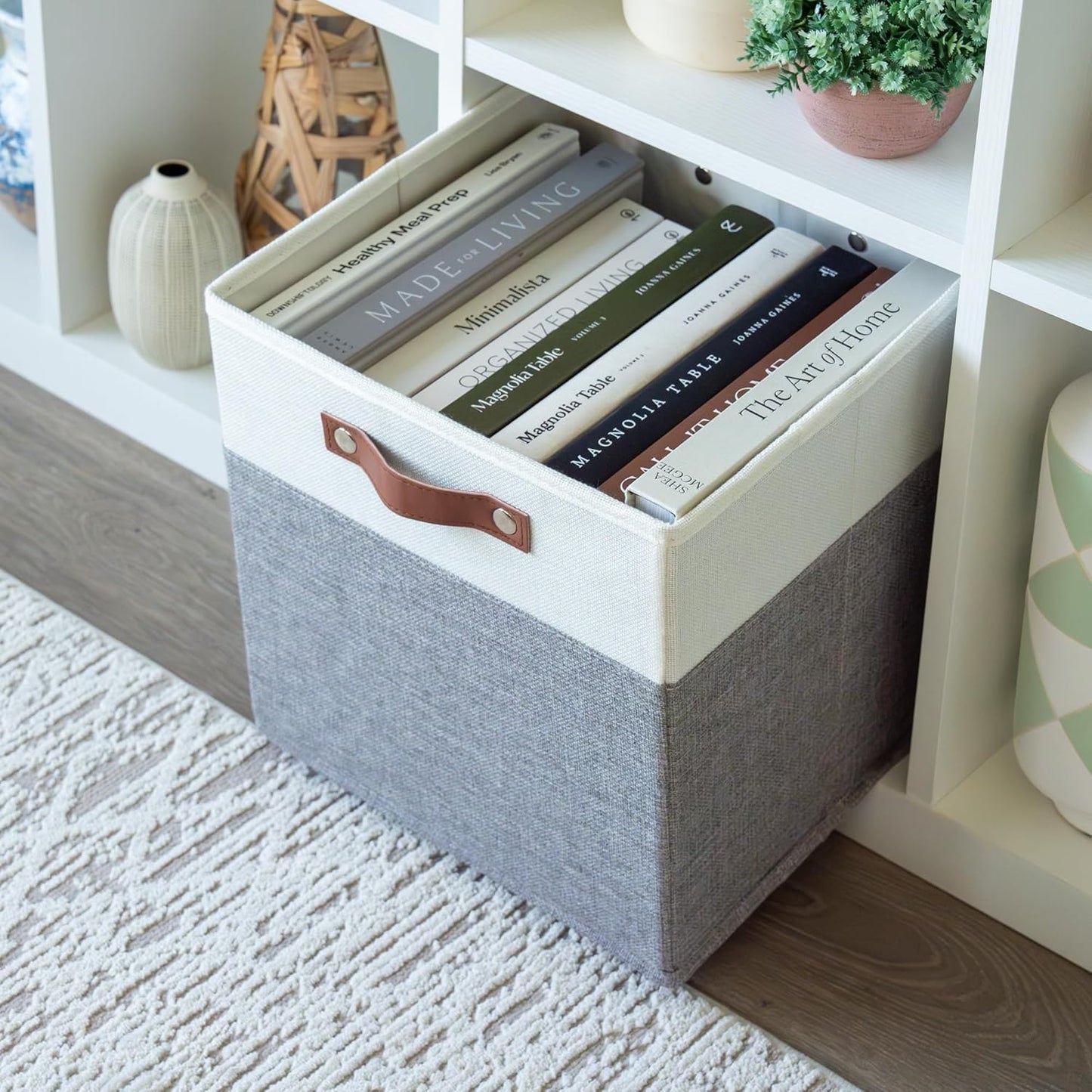 OrganiHaus 12x12 Fabric Storage Bins - Set of 4, Cube Fabric Organizer Bins with Vegan Handles, Kallax Storage Cubes, Cubbies Organizer Boxes, 12Inch Cubic Baskets for Shelves - Grey / White