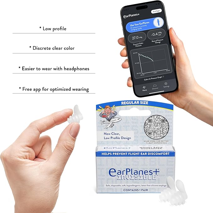 EarPlanes+ Invisible Airplane Travel Ear Protection Clear Low-Profile Design (Adult 1, Count)