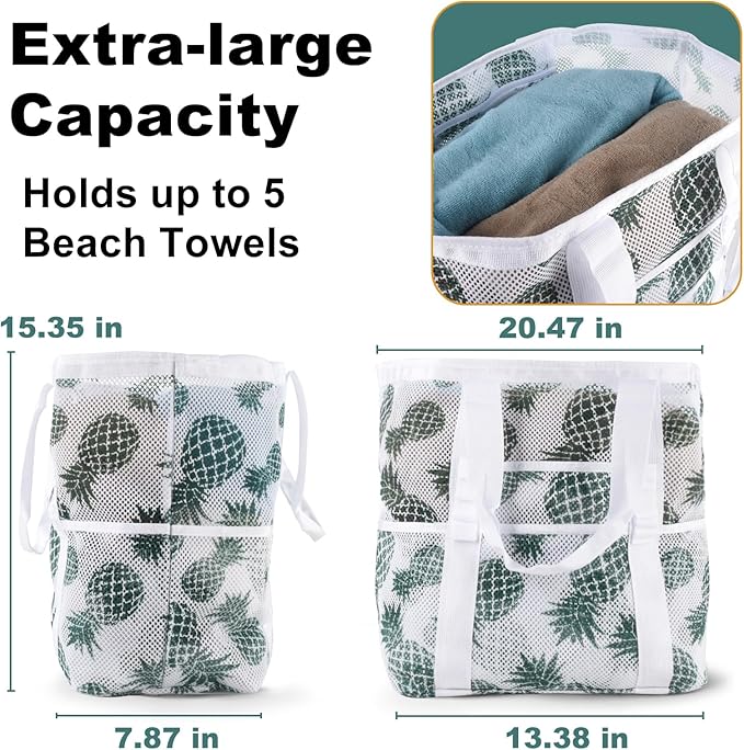 Mesh Beach Bag,Large Beach Bags for Women with 8 Pockets,Packable Tote Bag for Beach Cruise Pool Vacation Essentials