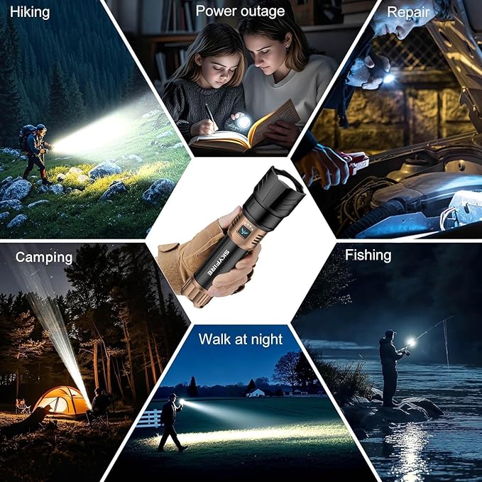 SKYFIRE LED Flashlights High Lumens with Ignition Lens,2000lm Super Bright Rechargeable Flashlight, Zoomable,Four Modes,Waterproof Tactical Flash Light for Camping Essentials,Outdoor and Home,Gift