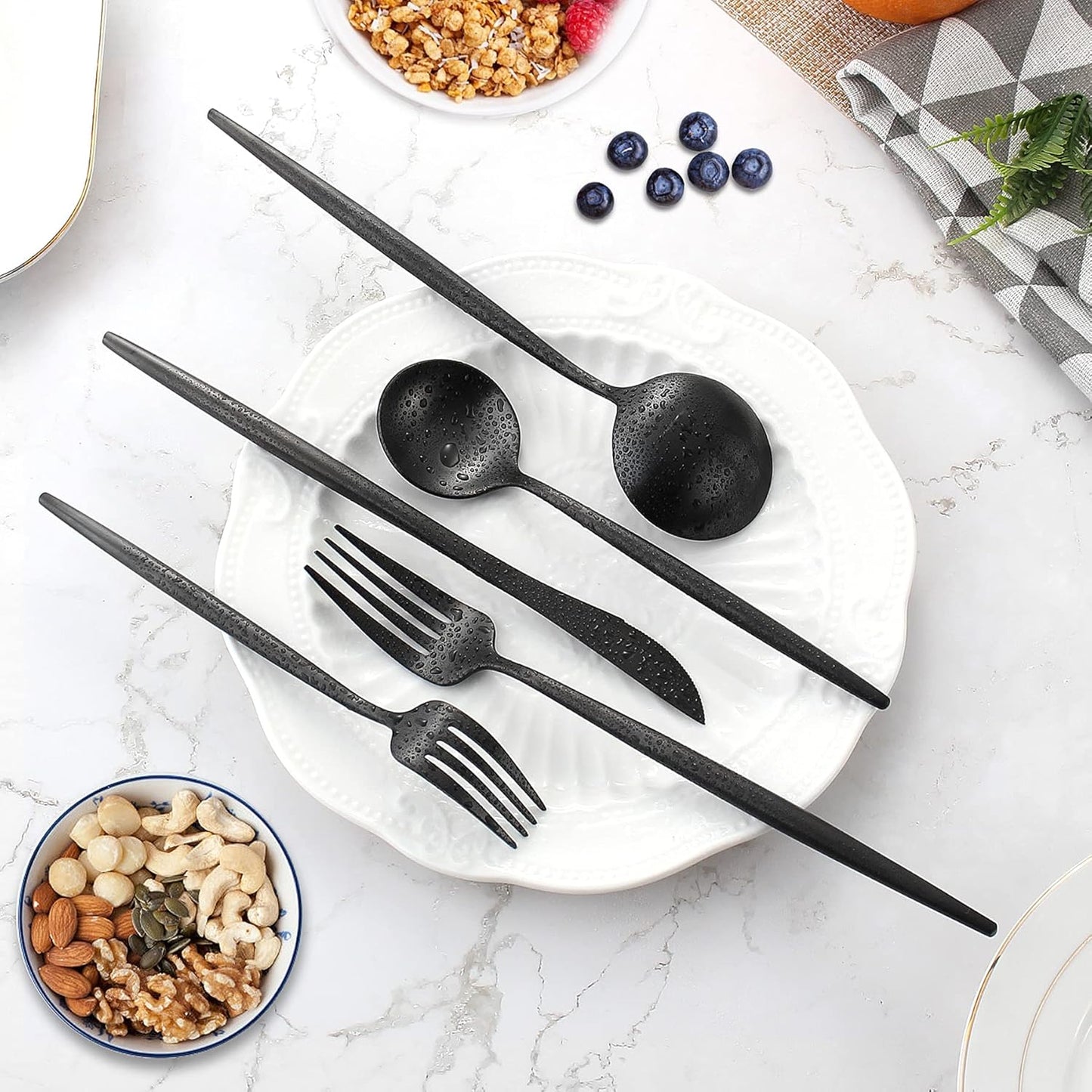 Silverware Set for 8, IBIILII JEFF 40 Pieces Stainless Steel Flatware Set，Matte Black Kitchen Utensil Set, Tableware Cutlery Set, Spoons And Forks Set, Satin Finished Polished & Dishwasher Safe