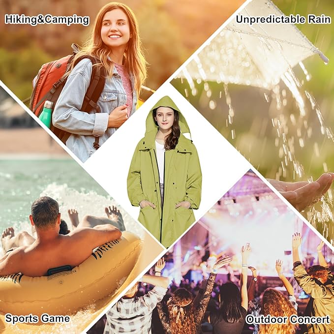 LAMA Womens Long Raincoats Rain Jacket Waterproof Packable Hooded Windbreaker Lightweight Adjustable Waist for Outdoor
