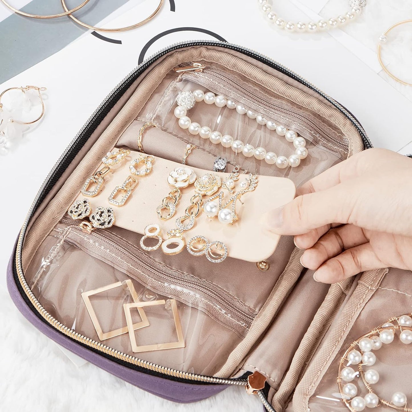 NISHEL Travel Jewelry Case, Holiday Organizer for Necklaces, Earrings, Rings, Bracelets, Watch, Purple