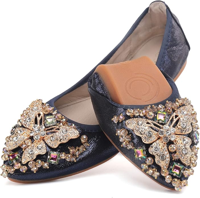Womens Ballet Flats Foldable Rhinestone Pointed Toe Comfortable Slip on Wedding Flat Shoes Dress Flats for Women